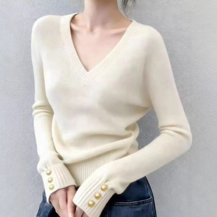Damen feiner V-Ausschnitt Pullover mit eleganten Knopfdetails Drune