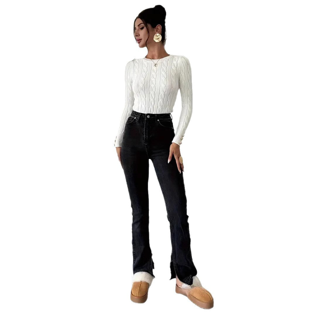Damen Strickpullover mit filigranem Zopfmuster und eleganten Knopfdetails Drune