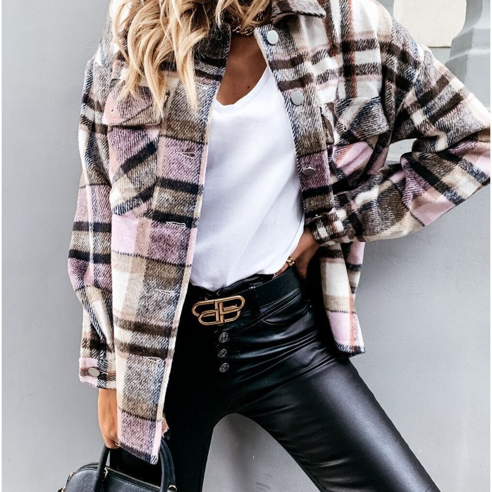 Damen Overshirtjacke aus weichem Karostoff mit praktischen Brusttaschen Drune