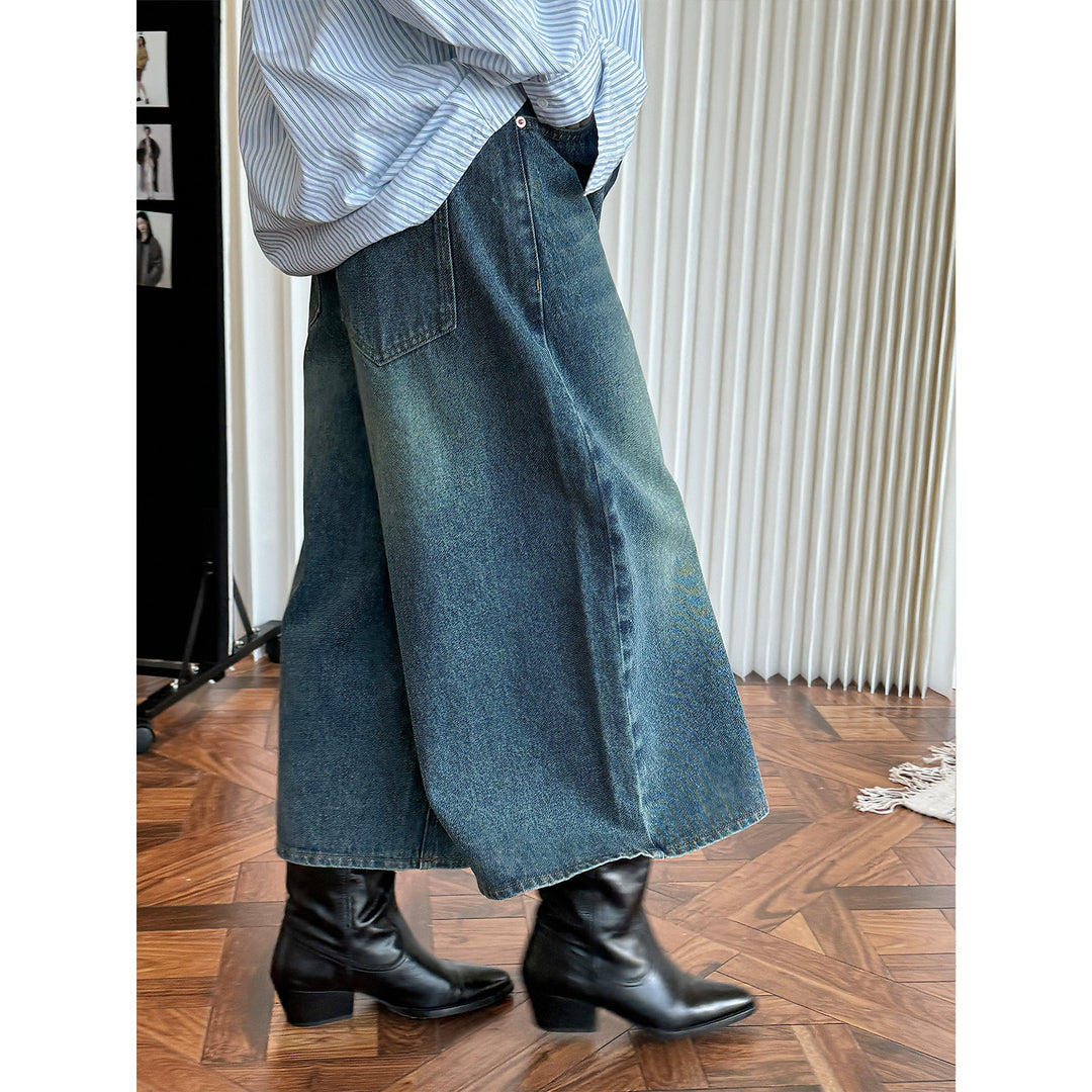 Damen Weite High‑Waist Denim‑Culotte im Cropped Baggy‑Stil Drune