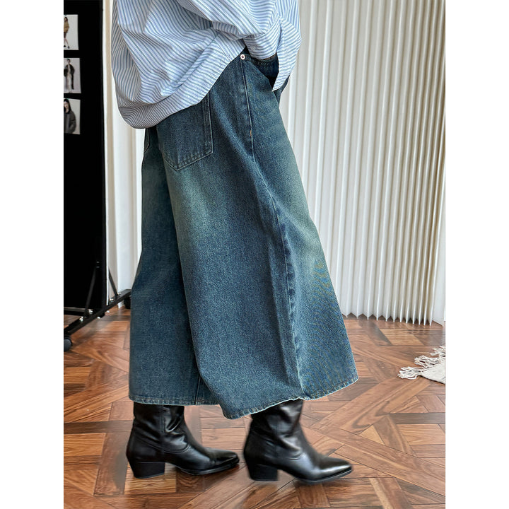 Damen Weite High‑Waist Denim‑Culotte im Cropped Baggy‑Stil Drune