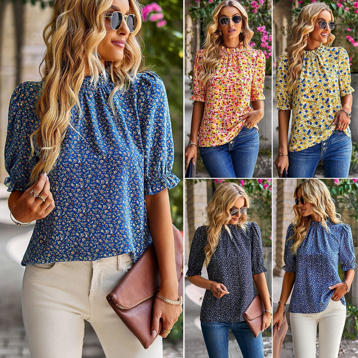 Damen Bluse mit Verspieltem Blumendesign und Puffärmeln Drune