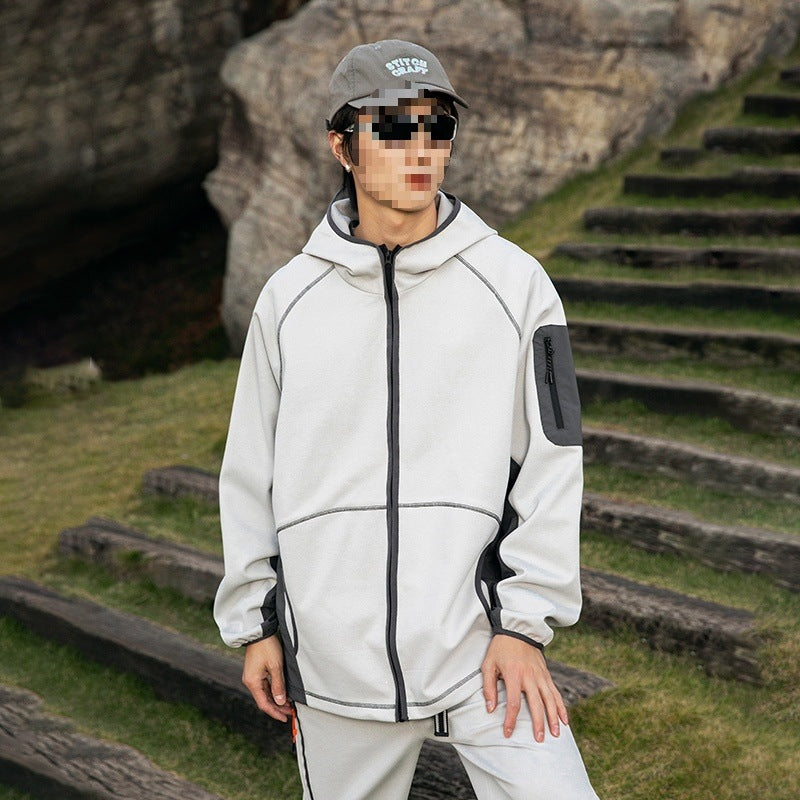 Herren Oversize Outdoor-Fleecejacke mit Kapuze, Ärmel-Reißverschlusstasche & Tunnelzug Drune
