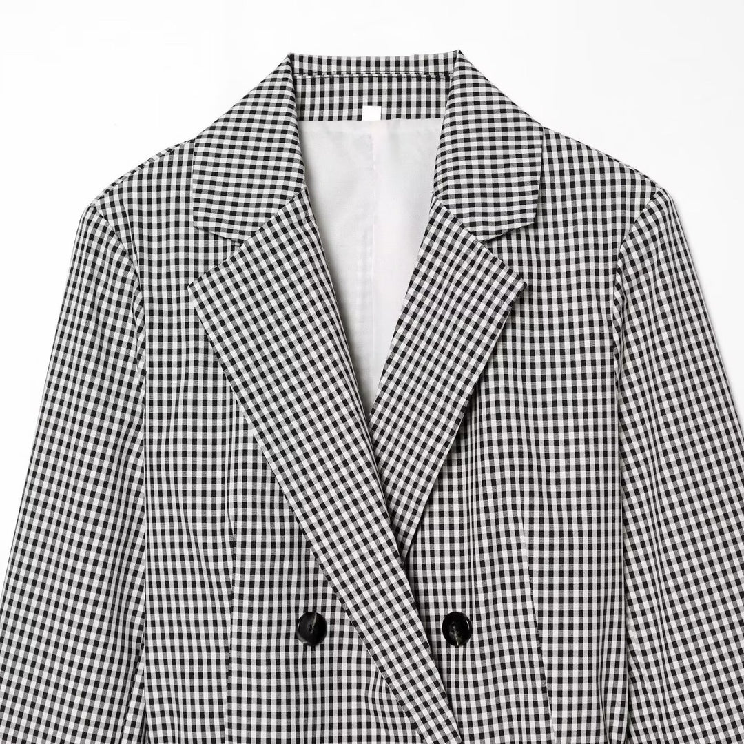 Damen Karo-Cropped-Blazer mit doppelreihiger Knopfleiste und Tunnelzugbindegürtel Drune