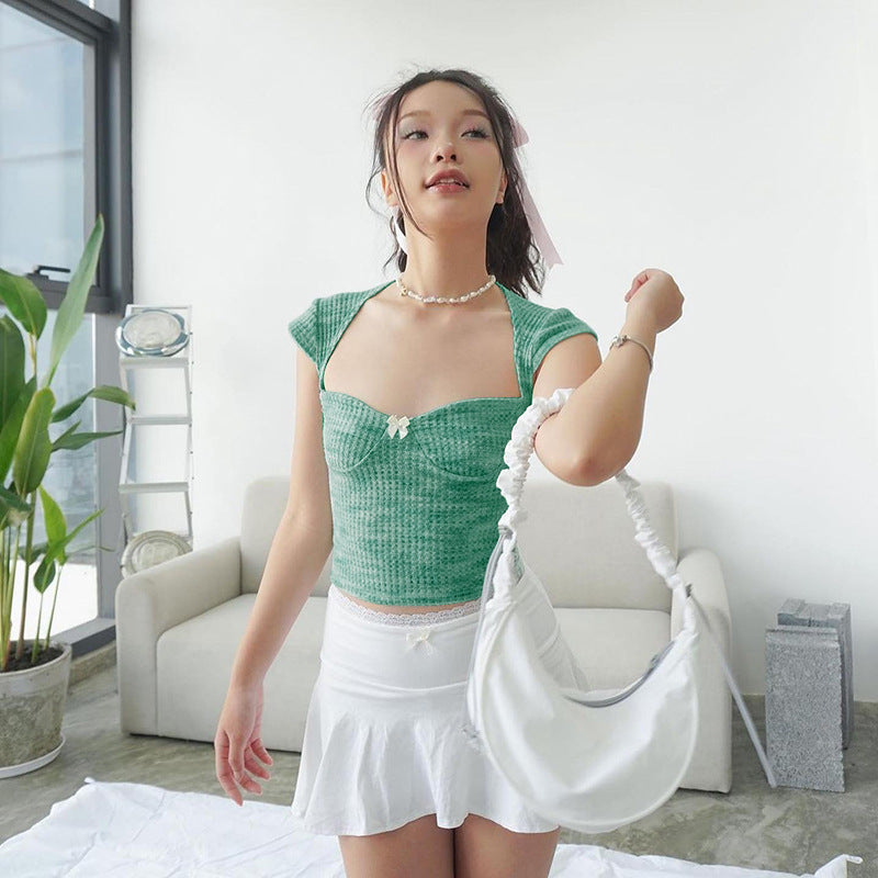 Damen Kurzarm-Crop-Top mit femininem Rückenausschnitt und dekorativem Bogen Drune