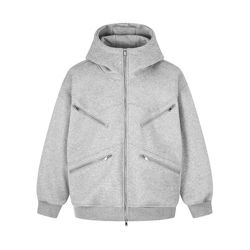 Damen Oversize-Kapuzensweatjacke mit hohem Stehkragen, vier diagonalen Reißverschlusstaschen Drune