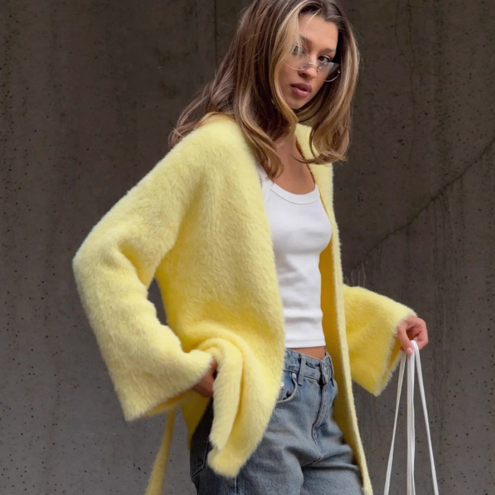 Damen Flauschige Strickjacke mit Gürtel Drune