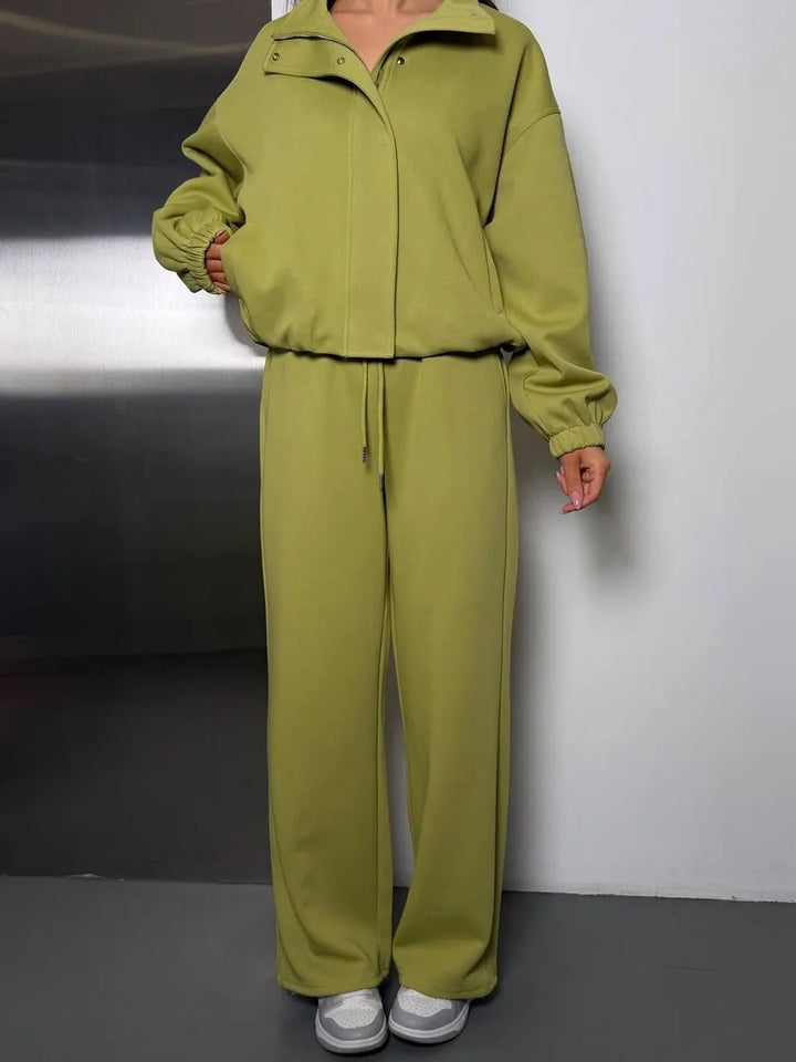 Damen gekürztes Reißverschluss-Hoodie mit Stehkragen und hochgeschnittener Kordel-Jogginghose Drune