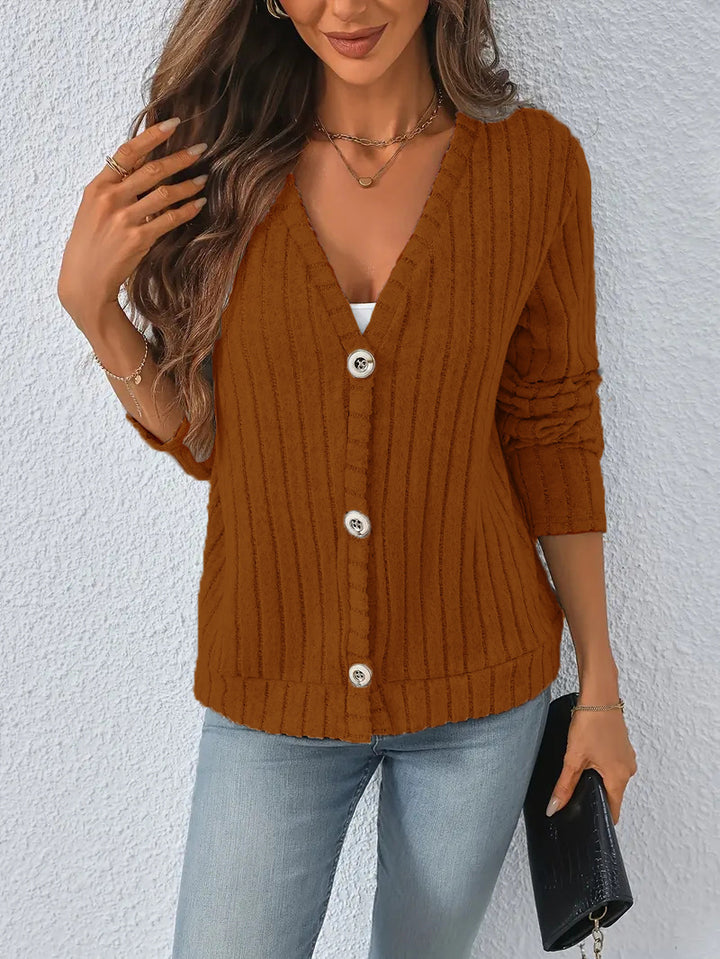 Damen nan gerippter V-Ausschnitt Strickcardigan mit dekorativen Knöpfen, leicht überschnittener Schulter und kastigem Saum Drune