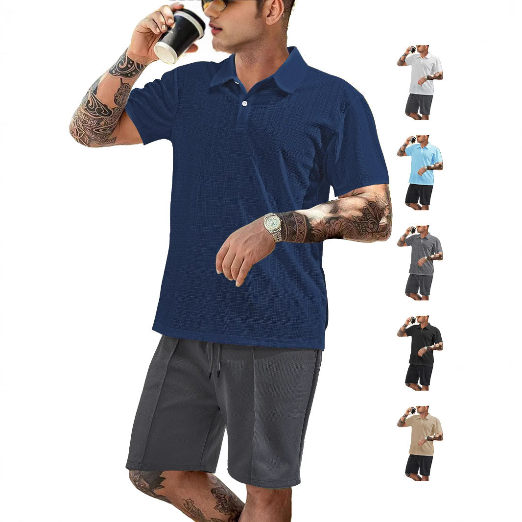 Herren nan zweiteiliges Sommer-Reise-Set mit texturiertem Kurzarm-Poloshirt und funktionalen Mesh-Shorts Drune