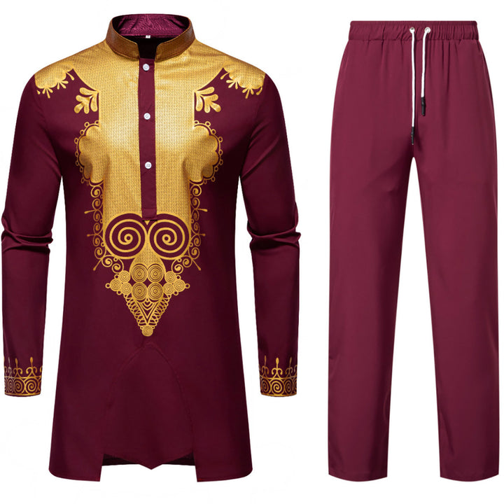 Herren Traditionelles Tunika-Set mit Mandarinkragen und goldverzierten Ornamenten Drune
