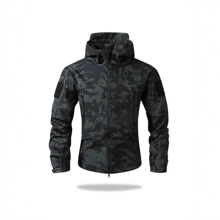 Herren Taktische Softshelljacke mit Kapuze, Camouflage‑Design und Multifachtaschen Drune