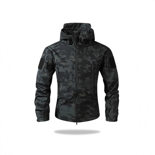 Herren Taktische Softshelljacke mit Kapuze, Camouflage‑Design und Multifachtaschen Drune