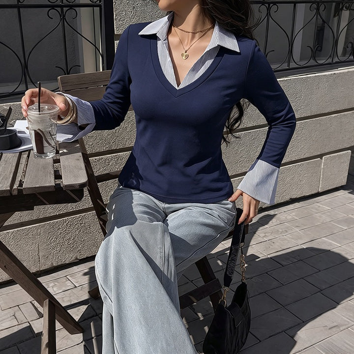 Damen Elegantes Longsleeve-Oberteil mit Hemdkragen Drune