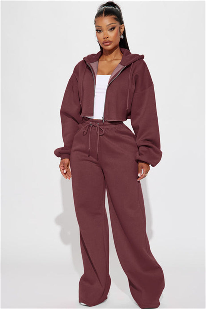 Damen lässiges Oversized Cropped-Set mit Reißverschluss und weitem Beinen Drune