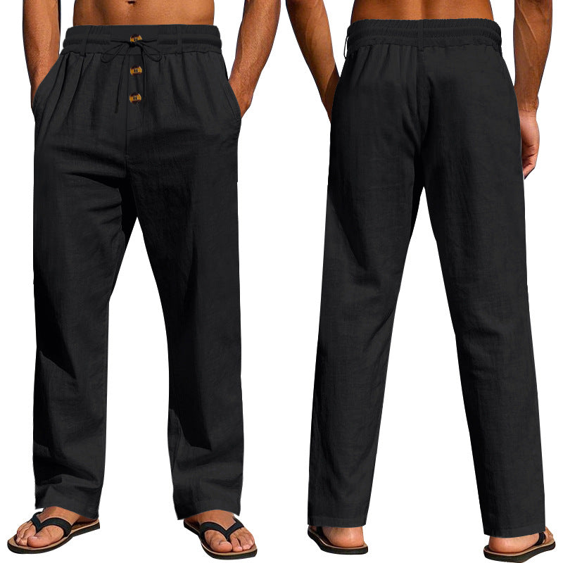 Herren Bequeme Leinenhose mit elastischem Bund und Knopfdetails Drune
