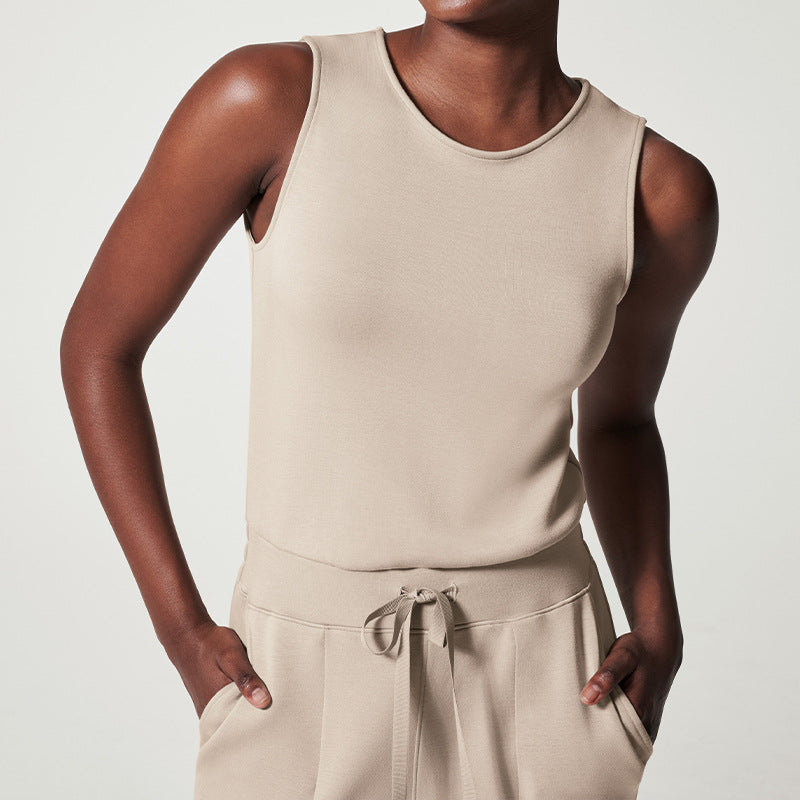Damen nan ärmelloser Strick-Overall mit weitem Palazzo-Bein, Kordelbund und aufgesetzten Taschen Drune