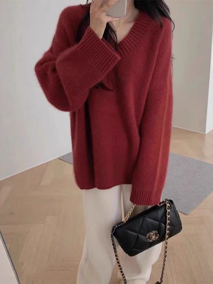 Damen Oversize V-Ausschnitt-Pullover im Mohair‑Look Drune