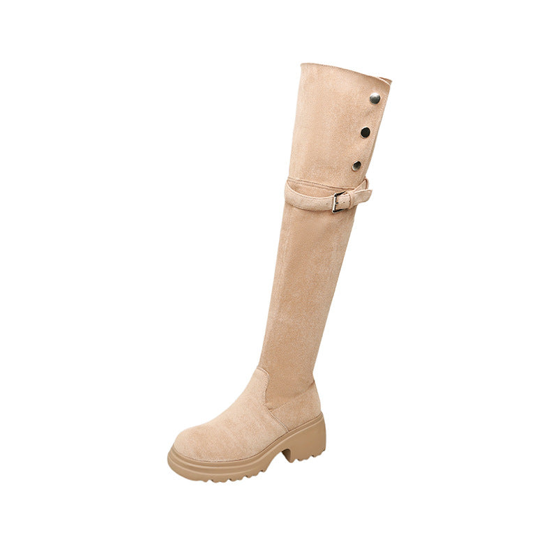 Damen kniehohe Worker‑Stiefel mit umklappbarem Teddy‑Bündchen und sculpted Plateau‑Absatz Drune