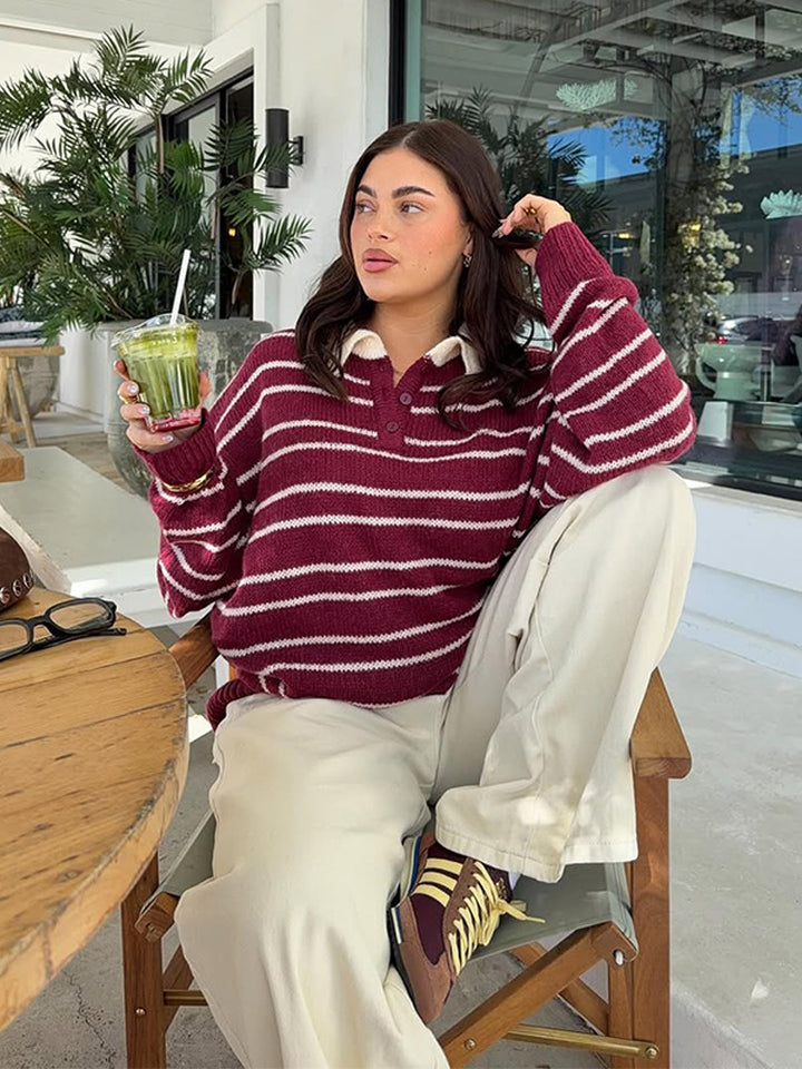 Damen Oversize Strickpullover mit Polokragen & Streifenmuster Drune