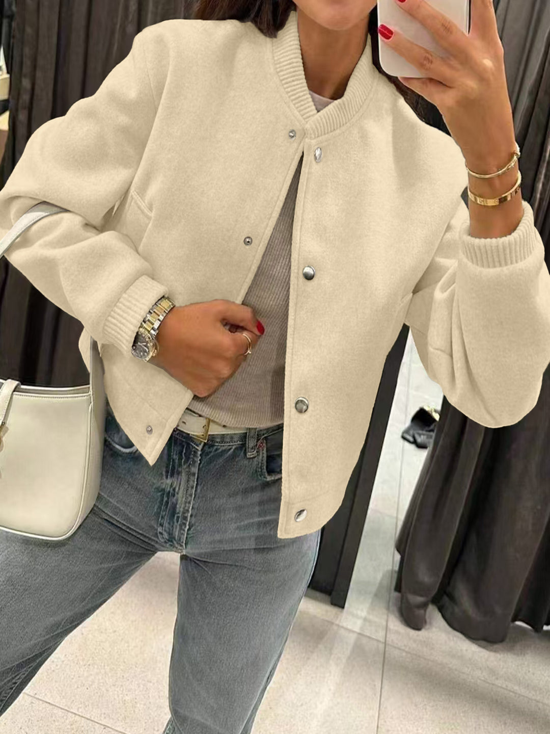 Damen Kurzjacke im Bomberstil aus Teddyfleece mit Rippbündchen Drune