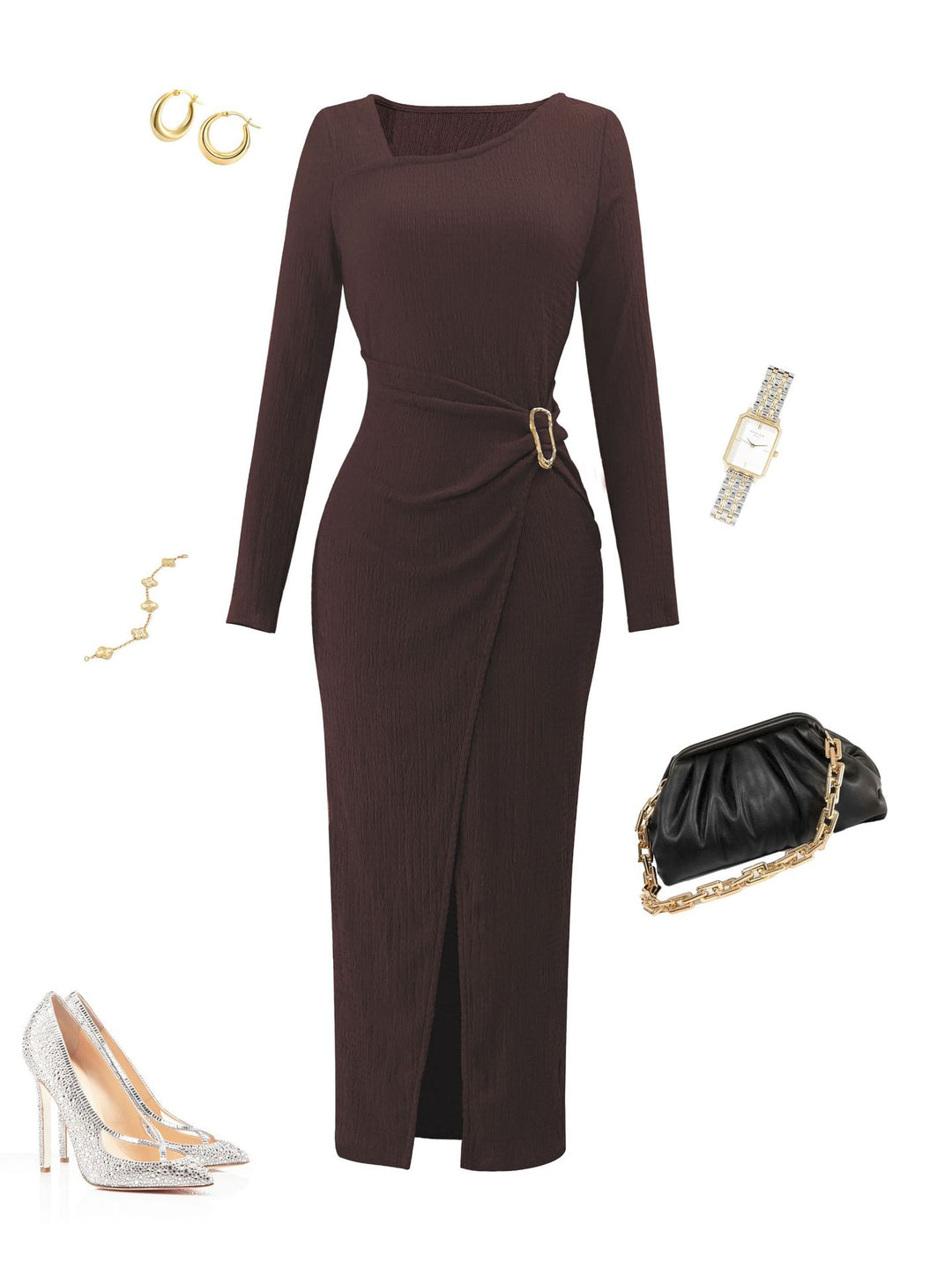 Damen asymmetrisches Wickel-Midikleid mit Ziergürtel, Drapierung und hohem Beinschlitz Drune