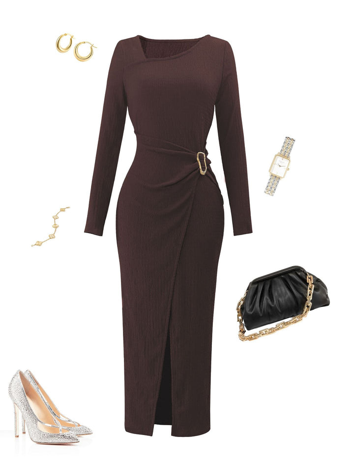 Damen asymmetrisches Wickel-Midikleid mit Ziergürtel, Drapierung und hohem Beinschlitz Drune