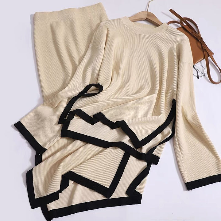 Damen modisches Strick-Loungewear-Set mit dekorativem Kontrastsaum Drune