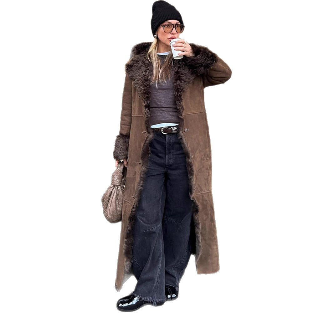 Damen Maxilanger Kunstvelours-Mantel im Shearling-Stil mit Schalkragen und Knopfleiste Drune