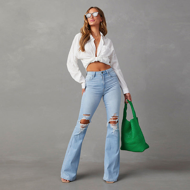 Damen Flared Jeans mit hohen Rissen und hohem Bund Drune
