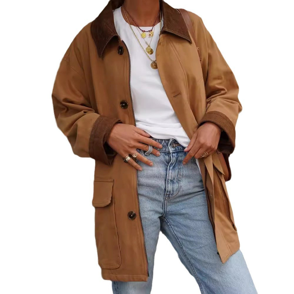 Damen lässige Baumwolljacke mit weichem Kragen und praktischen Taschen Drune