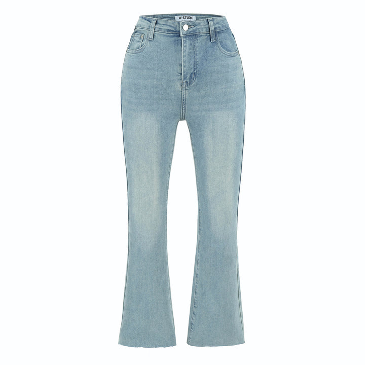 Damen Highwaist-Schlaghose aus Stretch-Denim mit fünf Taschen und rohem Saum Drune