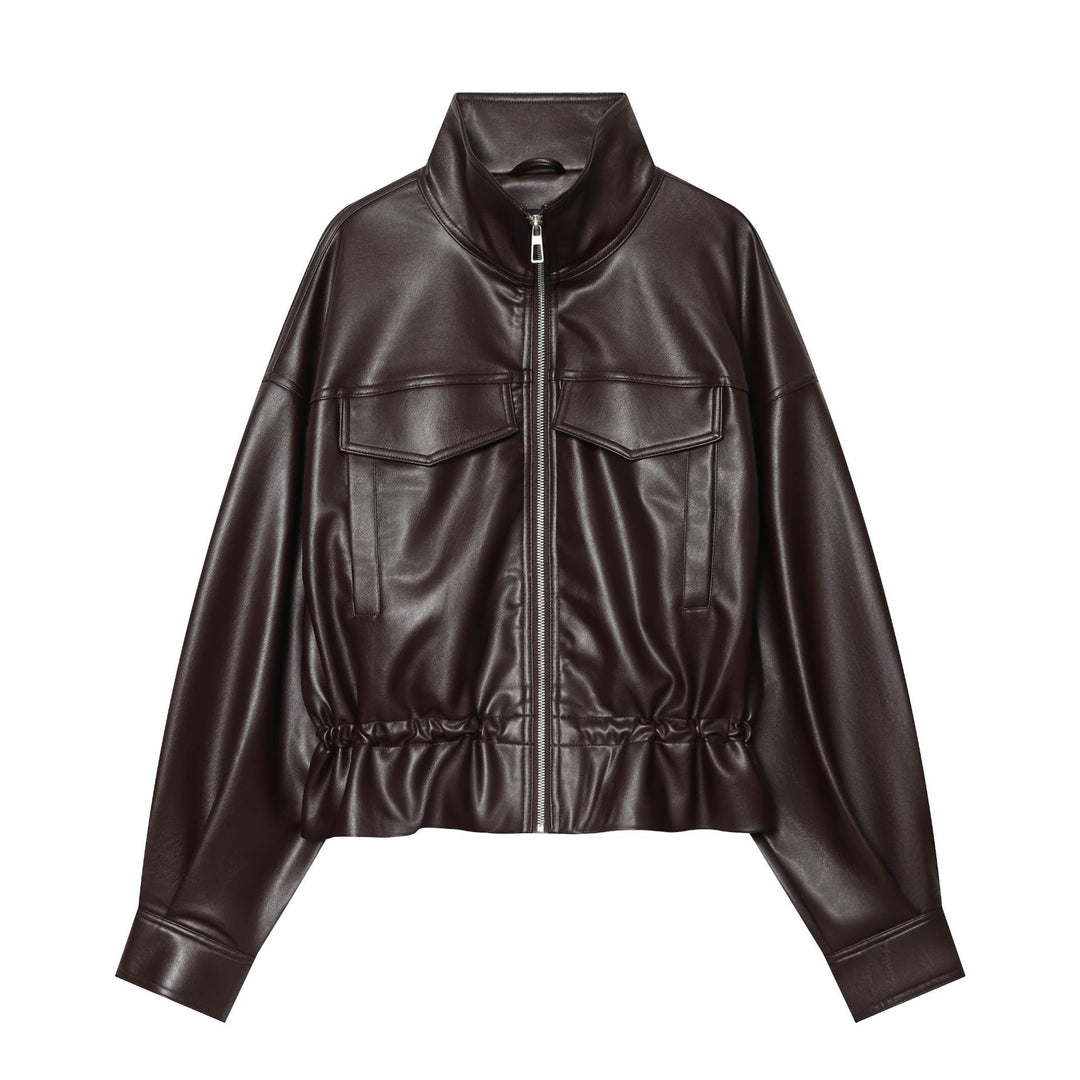 Damen Cropped Kunstlederjacke mit hohem Stehkragen, aufgesetzten Brusttaschen und Tunnelzug-Taille Drune