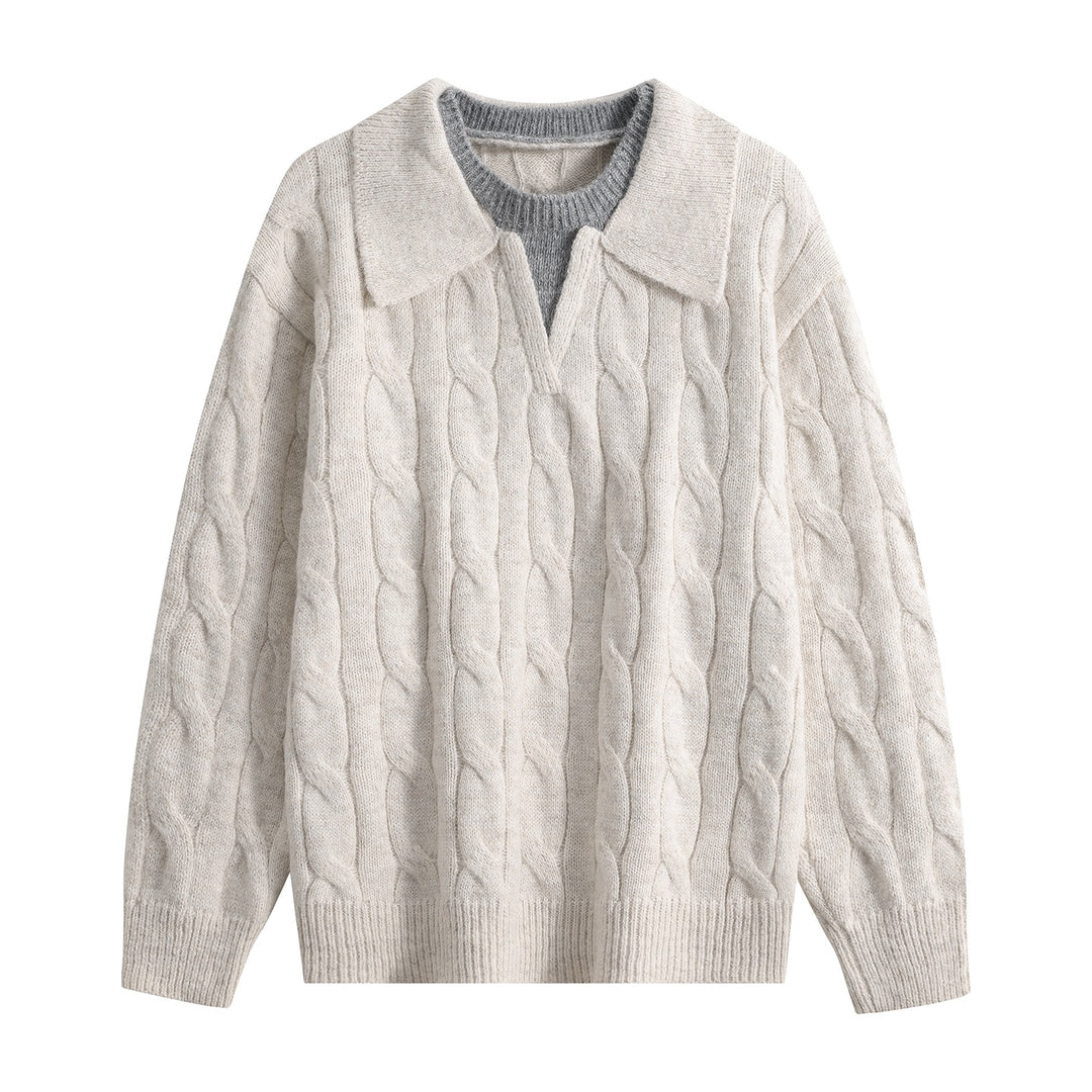 Damen Oversize Grobstrick-Pullover mit Polokragen und Zopfmuster Drune
