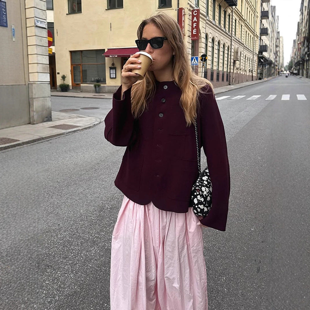 Damen Kurzjacke mit Rundhalsausschnitt, kastiger Silhouette und gewelltem Saum Drune