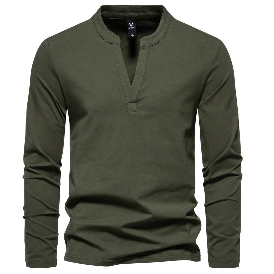 Herren nan langärmeliges Henleyshirt mit Stehkragen, tiefer V-Öffnung und schmaler Passform Drune