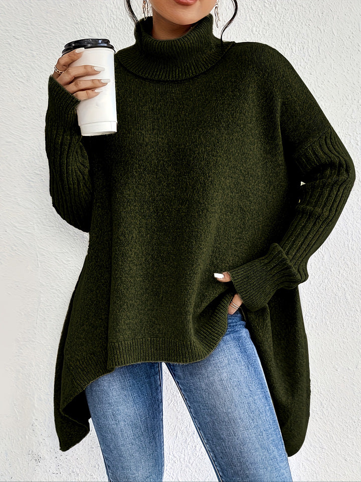 Damen nan Oversize Strickpullover mit hohem Rollkragen, gerippten Ärmeln und asymmetrischem Saum Drune