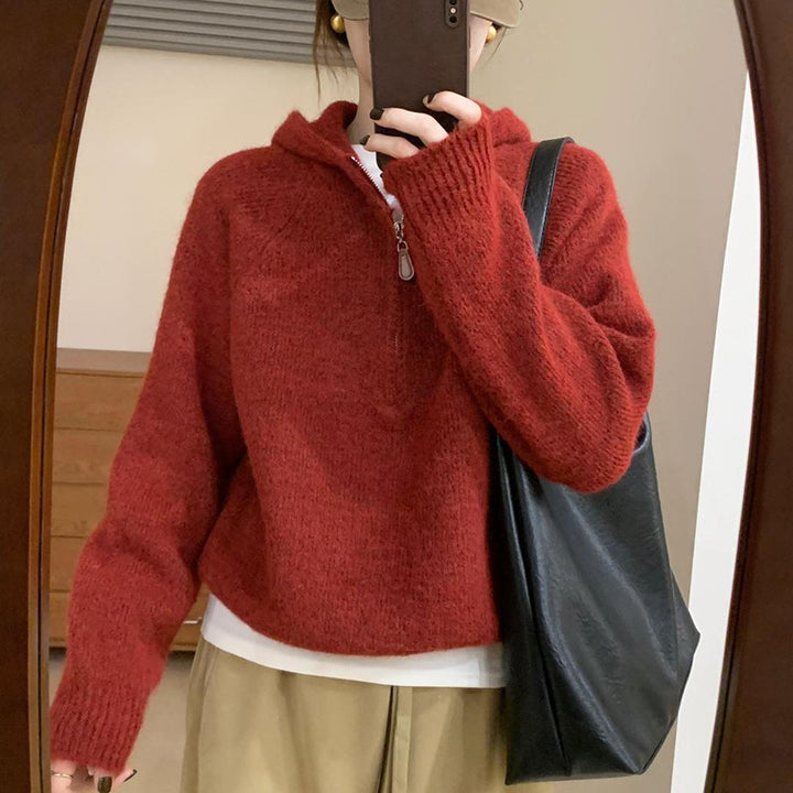 Damen bequemer Hoodie-Pullover mit halbem Reißverschluss und Puffärmeln Drune