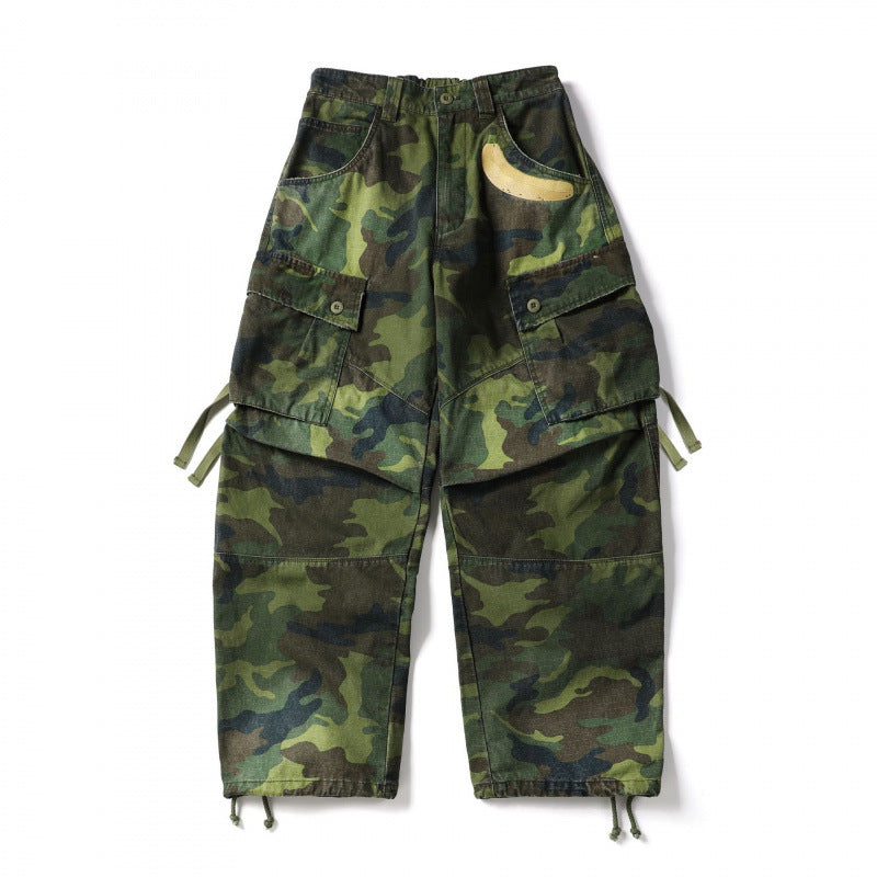 Unisex Locker geschnittene Cargo-Hose mit Bananen-Applikation, großen aufgesetzten Taschen und verstellbarem Saum Drune