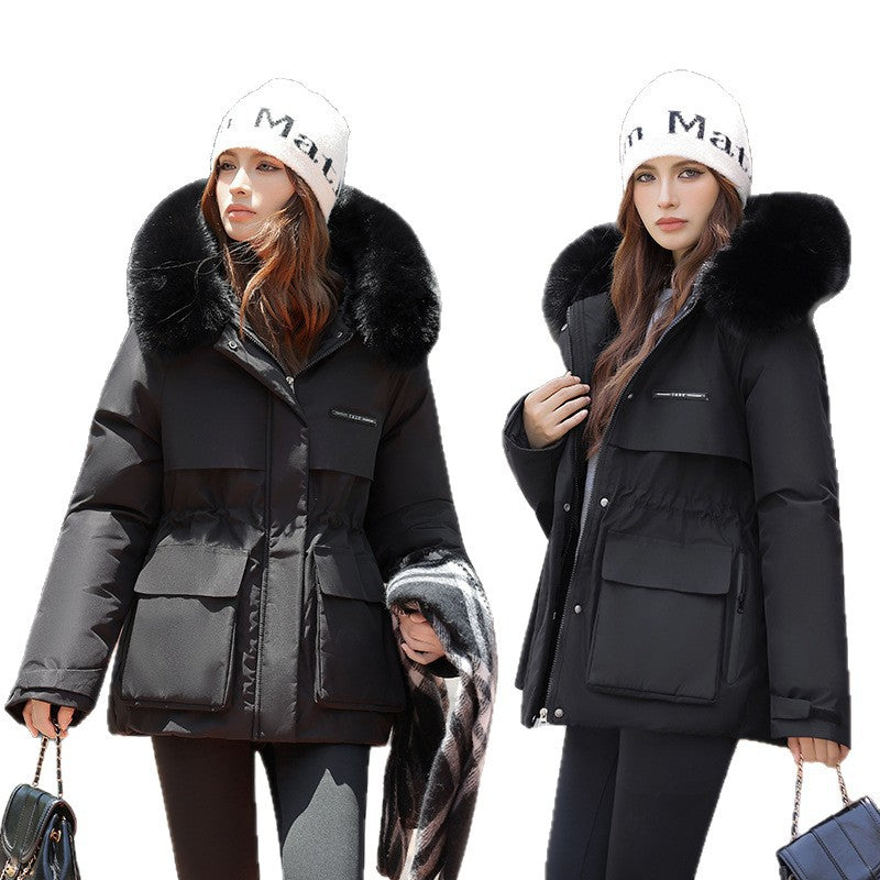 Damen Elegante und warme Winterjacke mit abnehmbarem Kunstfellkragen und praktischen Taschen Drune