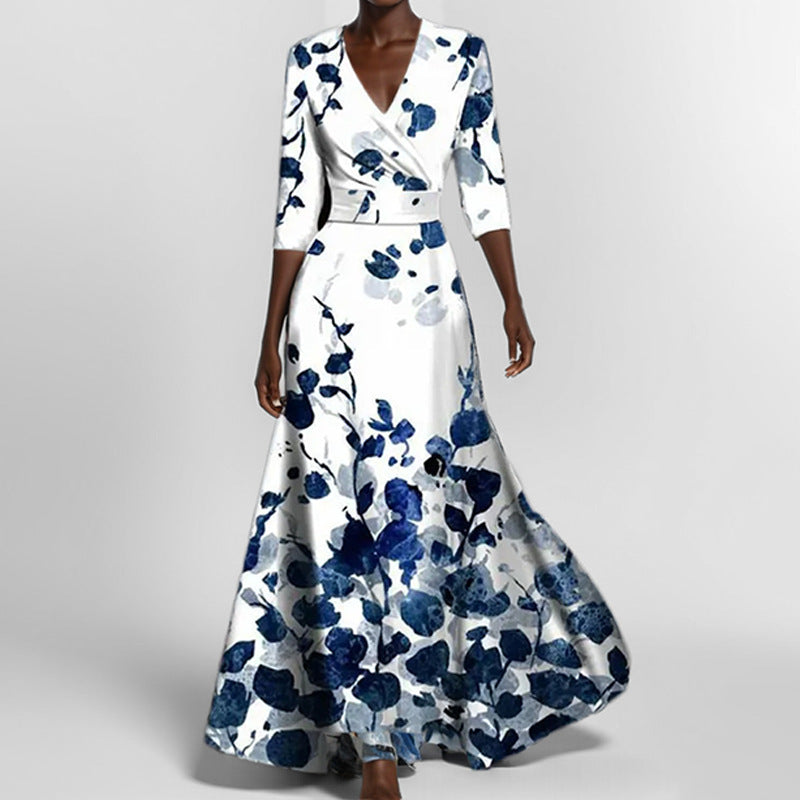 Damen Maxikleid mit Wickeloberteil, Taillengürtel und fließendem Satinrock Drune