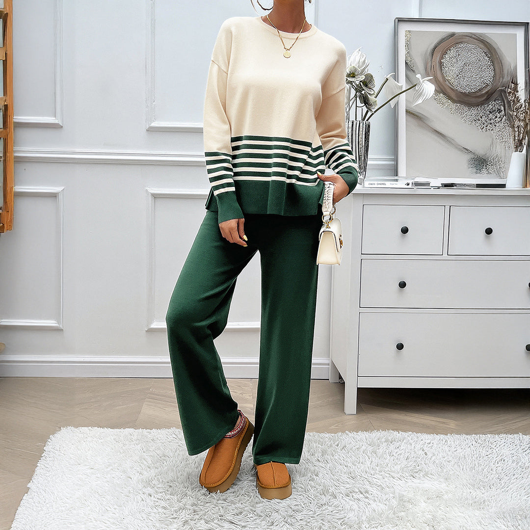 Damen nan lässiges Strick-Lounge-Set mit gestreiftem Rundhals-Pullover, Raglanärmeln und weiten taillenhohen Hosen Drune