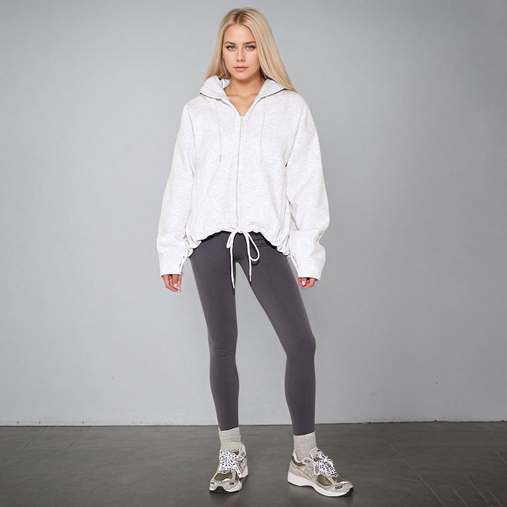 Damen oversized Kapuzenjacke mit Reißverschluss, Tunnelzug-Saum und Kängurutaschen Drune
