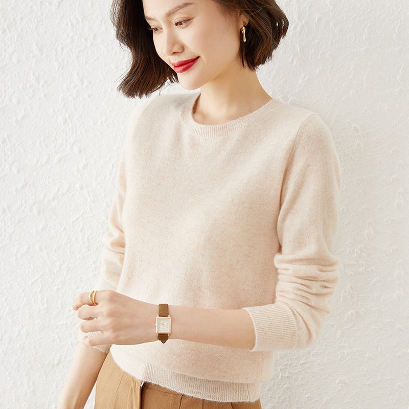 Damen Kurzgeschnittener Feinstrickpullover mit Rundhalsausschnitt und geripptem Bund Drune