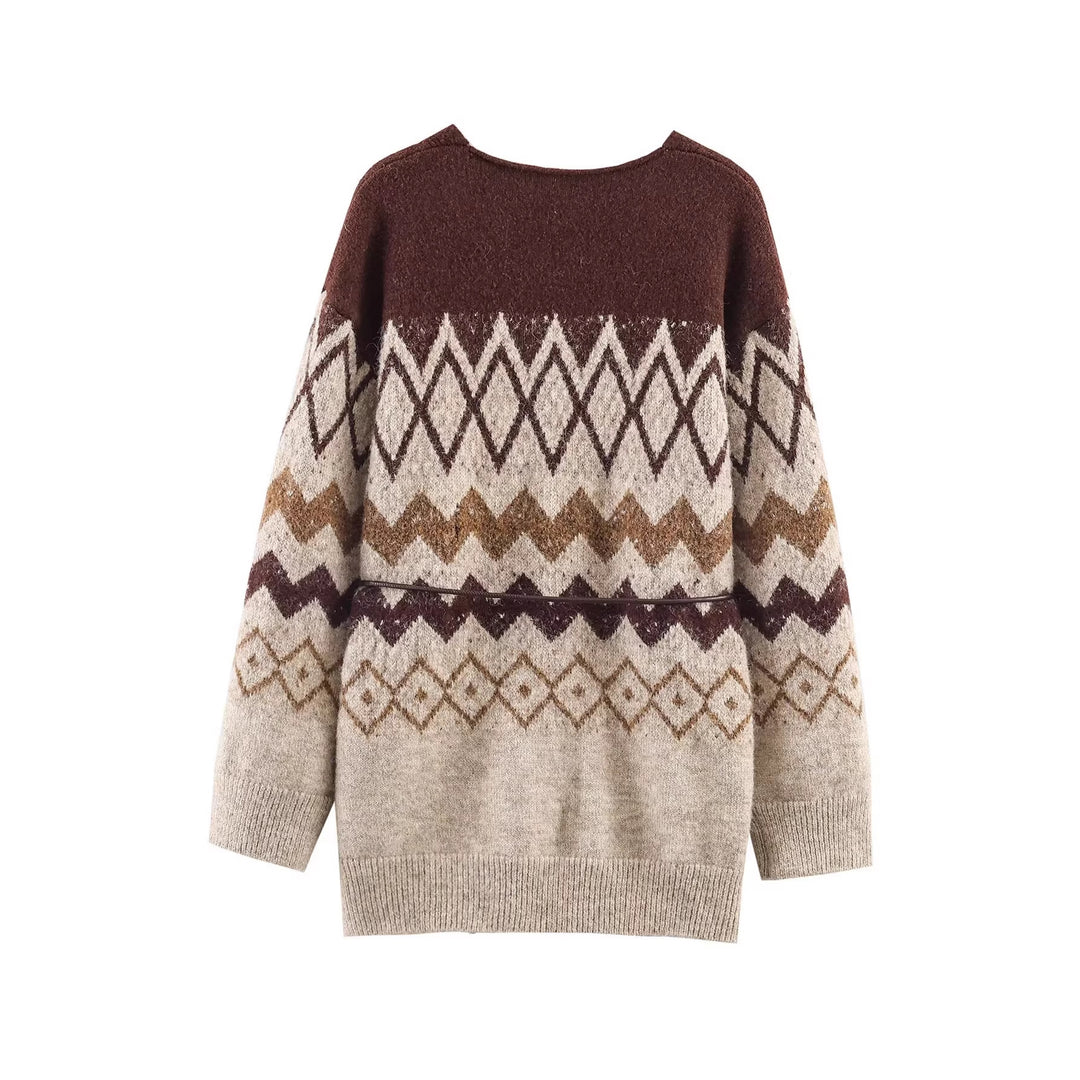 Damen Gemusterte Strickcardigan mit V-Ausschnitt, Knopfleiste und Taillenband Drune