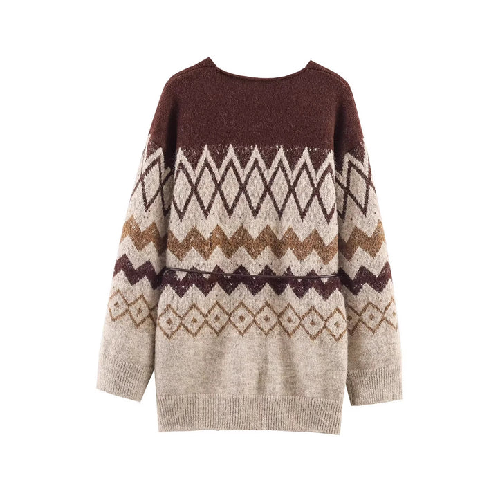 Damen Gemusterte Strickcardigan mit V-Ausschnitt, Knopfleiste und Taillenband Drune