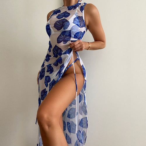 Damen Maxikleid mit modischem Blattmuster und seitlichem Bindegürtel Drune