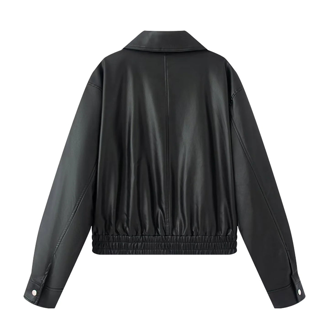 Damen nan Oversize Kunstlederjacke im Bomberstil mit Hemdkragen, kontrastierender Materialoptik und elastischem Saum Drune