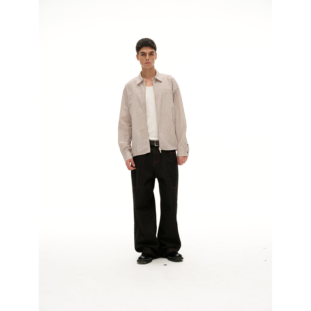 Unisex Leichte gestreifte Hemdjacke mit durchgehendem Reißverschluss und Brustpaspeltasche Drune