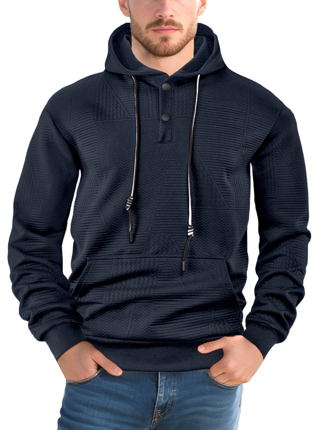 Herren Texturierter Kapuzenpullover mit gesteppter Patchstruktur und Druckknopfleiste Drune